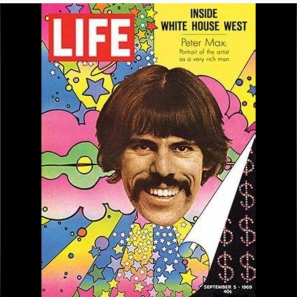 Peter Max Silk Tie Signed Pop Art Vintage Blue w Wizard Print Peach Purple Paste - Picture 9 of 10